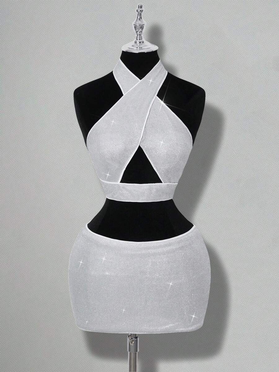 SHEIN ICON Women's Solid Color Hollow Out Glitter Fabric Halter Top And Low Waist Mini Skirt 2 Pieces Set - Silver - View 1