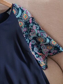 EMERY ROSE 加大碼女士圓領拼接襉袖夏季長袖襯衫 - 藏蓝色 - 查看 4