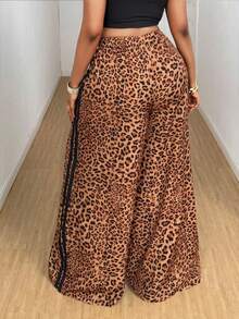 Maweii Pantalones casuales de pierna recta con lazo en la cintura, estampado de leopardo y ribete de contraste para mujer de talla grande, diseño de moda, versátil, nueva llegada 2025