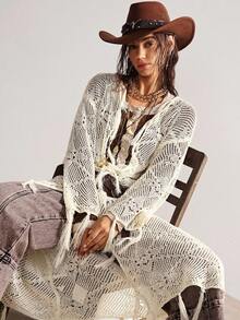 Bohemela 女士长袖镂空流苏长款开衫 - 杏色 - 查看 7