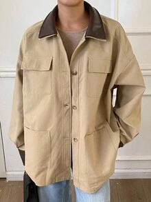 Livesso Damen Lässige Patchwork Kragen Knopfverschluss Mehrtasche Loose Jacke, Herbst Damen Mäntel