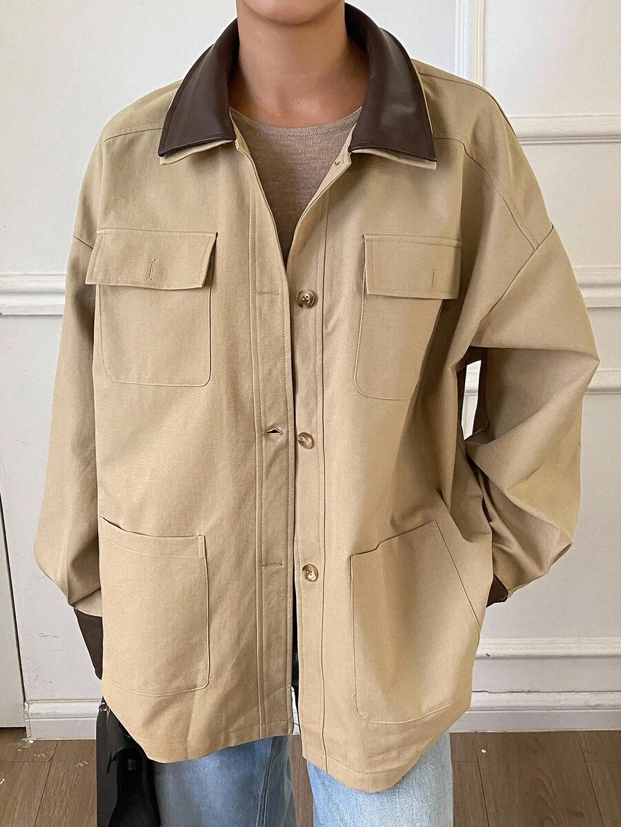 Livesso Damen Lässige Patchwork Kragen Knopfverschluss Mehrtasche Loose Jacke, Herbst Damen Mäntel