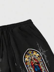 ROMWE MEN Street Life Pantalones deportivos rectos y sueltos cómodos para hombre con estampado de cruz y rayo, para otoño/invierno - Negro - Ver 4