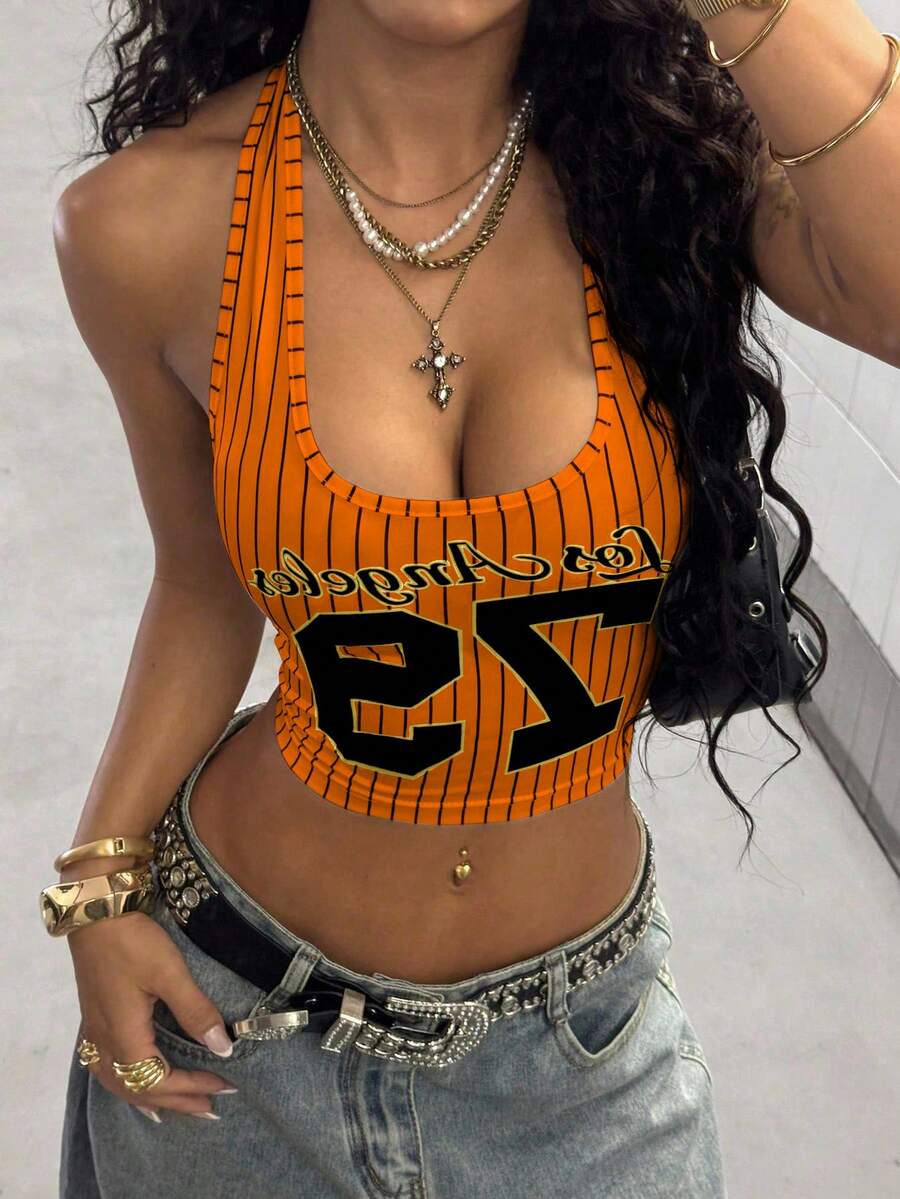 StreetHx Striped Print Street Style Tank Top - Orange - View 1