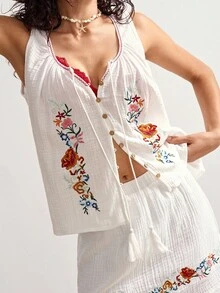 Bohemela Bộ 2 món áo hai dây dệt rộng rãi màu trơn và chân váy mini cho nữ - Màu be - Xem 8