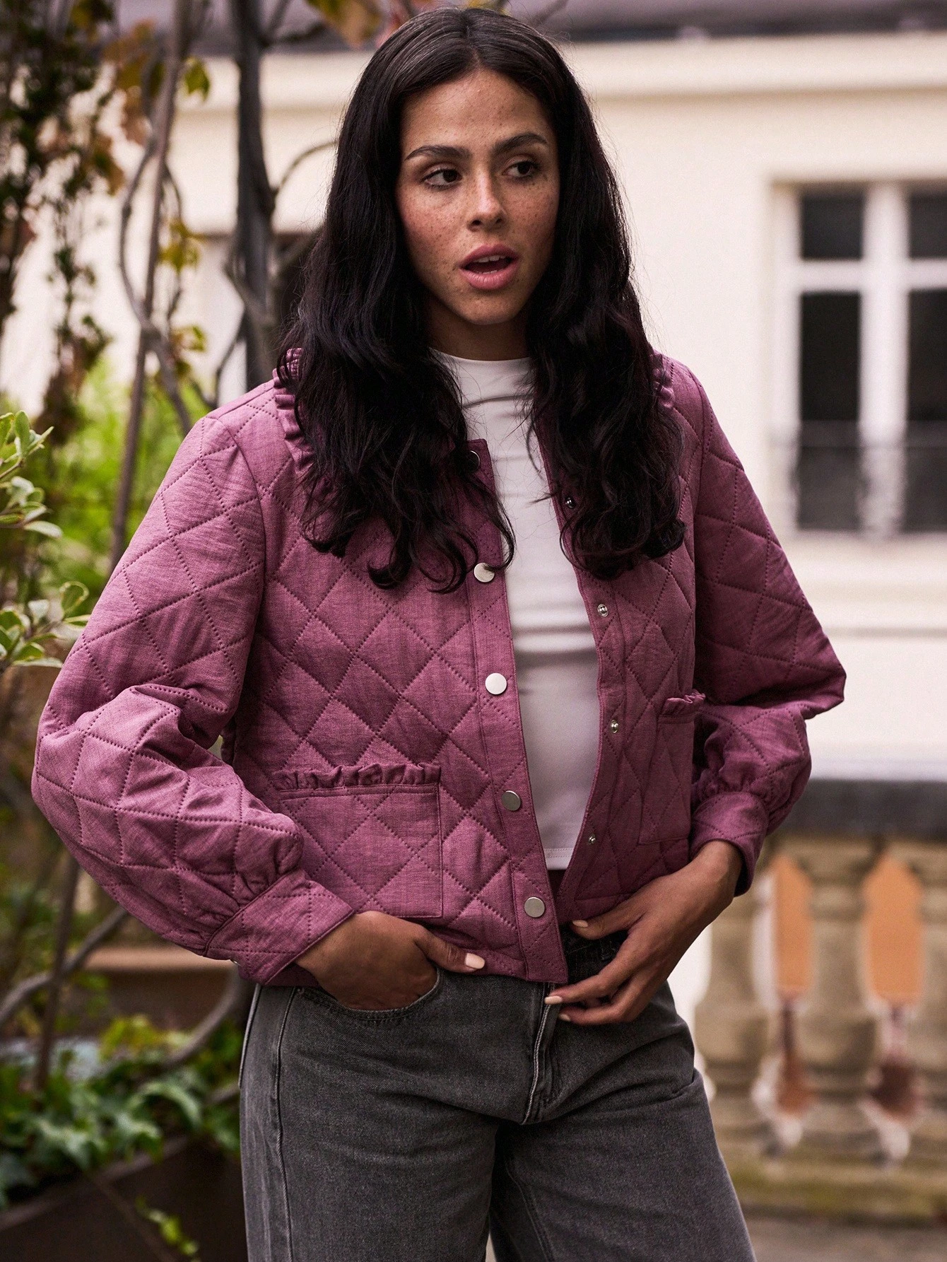 Jaqueta Acolchoada Rosa Empoeirado de Outono com Colarinho Pregueado e Botões na Frente, Roupas Femininas de Outono, Jaqueta Roxa de Outono e Inverno para Mulheres