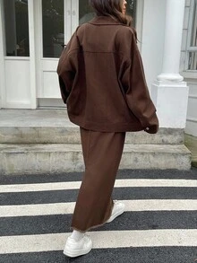 DAZY 女士秋季翻领宽松上衣和宽松牛仔裙两件套 - 咖啡棕 - 查看 2