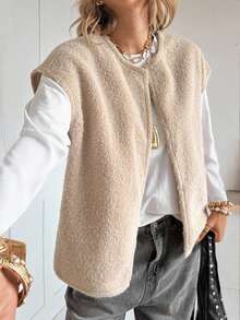 Siren Gaze 秋冬休闲百搭纯色宽肩无袖外套 - 杏色 - 查看 5