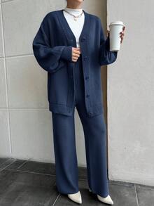 EURMUSE Women Drop Shoulder Button Front Cardigan And Sweater Pant 2 Pieces Outfit Set Co-Ords - Navy Blue - View 7