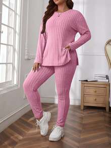 EURMUSE Conjunto de 2 piezas de punto acanalado cómodo de talla grande - Rosa Pálido - Ver 1