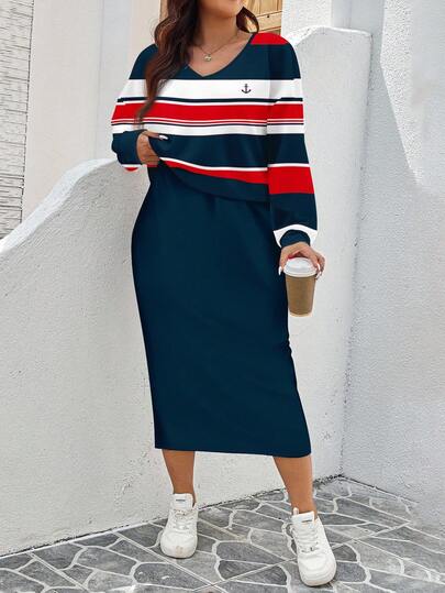 EMERY ROSE Back To School Music Festival Casual Minimalist Collegiate Nautical Red & Blue Striped Pattern Plus Size Women Autumn/Winter Sweatshirt Dress 2 Pieces Set Navy Skirt Midi Skirts For Women 2 Piece Casual Sets Woman 2 Piece Sets Woman Skirt Nautical Outfits For Women