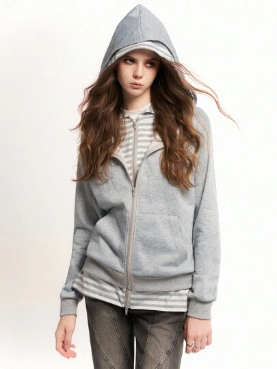 Bloopia 另类时尚秋冬万圣节小众亚文化废土二合一条纹拼接纯色连帽拉链宽松卫衣上衣