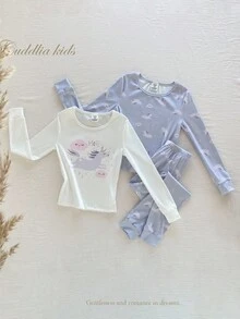 SHEIN 3 件套女童柔软舒适独角兽、云朵、雨滴印花贴身长袖上衣和裤子睡衣套装，秋冬 - 紫色 - 查看 6