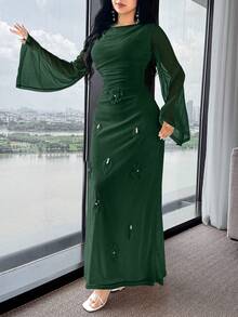 Modelyn 保守纯色修身长袖阿拉伯风格女式连衣裙 - 墨綠色 - 查看 4