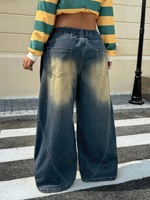 SHEIN ICON 大码女式春秋宽松洗水做旧阔腿宽松男友风牛仔裤 - 藍色 - 查看 2