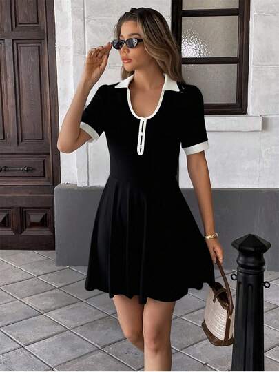 Pariaura 复古学院风黑色连衣裙：撞色白色饰边彼得潘领短袖连衣裙，A 字迷你连衣裙，适合学校和日常穿着 Pure Desire Style 黑色撞色饰边连衣裙：短袖 A 字迷你连衣裙，修身连衣裙，适合约会和日常穿着 法式通勤黑色 A 字连衣裙：撞色白色饰边短袖连衣裙，优雅的办公室和约会装