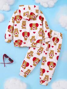 SHEIN X Care Bears Young Girl Oversized Heart & Cartoon Brown Bear Allover Print Loose Raglan Hoodie Sweatshirt & Pants Set, Autumn/Winter - Apricot - View 3