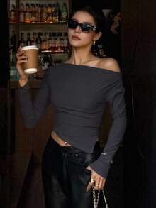 DAZY Áo thun nữ dáng ôm, viền bất đối xứng, quần áo mùa thu dài tay cho nữ - Màu xám đen - Xem 3