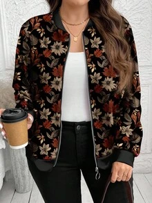 EMERY ROSE 休闲复古枫叶印花加大码女式夹克，适合秋冬季女士花卉夹克女士飞行员夹克秋季飞行员夹克花卉飞行员夹克女士秋季夹克 - 彩色 - 查看 3