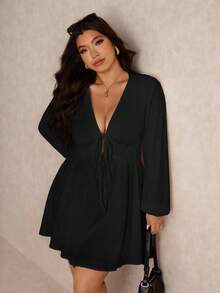 Elaquor Đầm thời trang tay loe buộc nơ cổ chữ V sâu màu trơn cỡ lớn cho nữ gợi cảm - màu đen - Xem 6