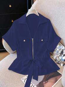 Franclia Damen V-Ausschnitt Reißverschluss Kordelzug Lässig Kurzarm Bluse - Königsblau - Übersicht 1