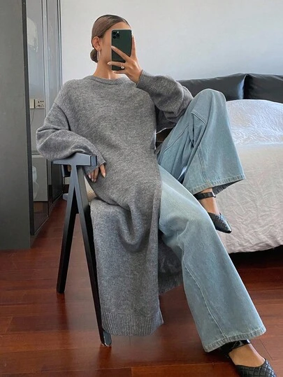 DAZY 女式休闲纯色开衩下摆毛衣裙，秋季