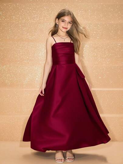 花童和少女高端缎面吊带背心蝴蝶结 A 字长裙，适合婚礼、圣诞节、万圣节、表演、舞会、生日、返校、毕业典礼