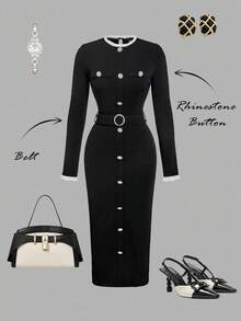 SHEIN MOD Đầm dài vừa phải thanh lịch, cổ tròn, tay dài, cài nút, viền bèo màu khối cho nữ, Đầm đen cho nữ, Đầm cài nút, Đầm thắt lưng, Đầm đen tay dài, Quần áo mùa thu cho nữ, - màu đen - Xem 1