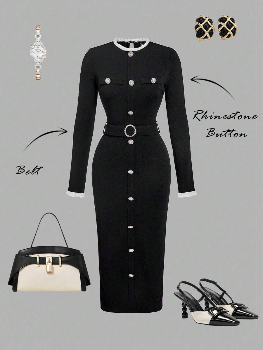 SHEIN MOD Đầm dài vừa phải thanh lịch, cổ tròn, tay dài, cài nút, viền bèo màu khối cho nữ, Đầm đen cho nữ, Đầm cài nút, Đầm thắt lưng, Đầm đen tay dài, Quần áo mùa thu cho nữ, - màu đen - Xem 1