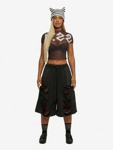 SUMWON WOMEN Crop Top Mesh Baby Tee Short Sleeve Semi Sheer Summer Festival Layering Essential - Black - View 5