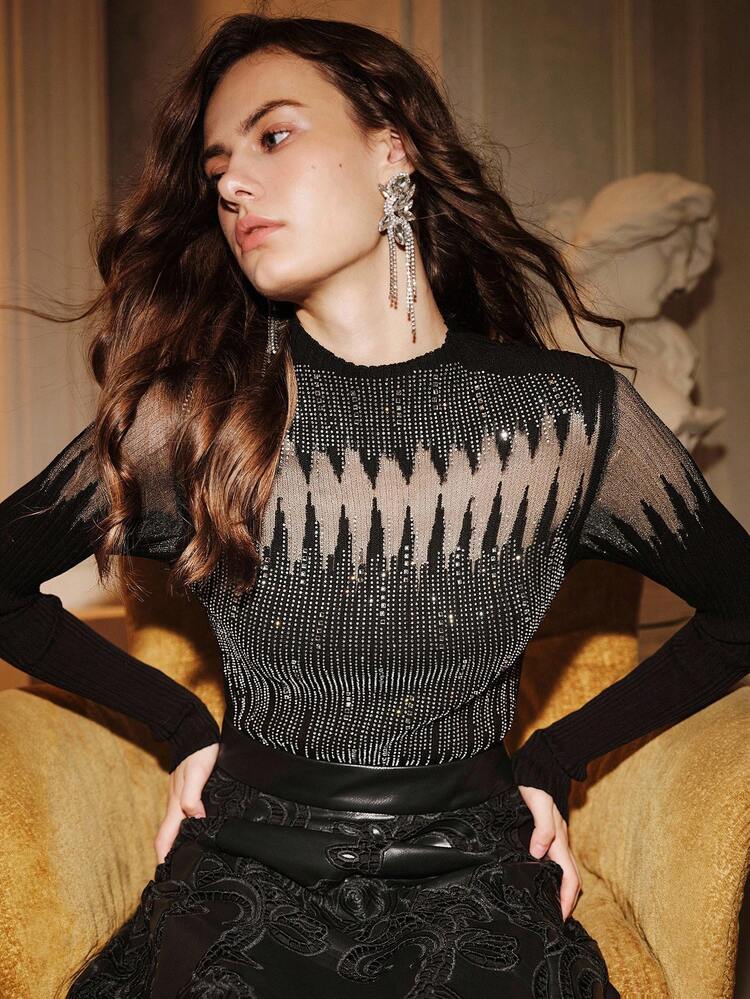 Women's Rhinestone Embellished Long Sleeve Fitted Fashionable Sweater