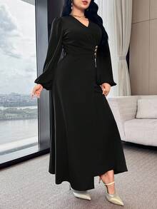 Modelyn Đầm nữ thanh lịch màu trơn cổ chữ V tay đèn lồng thiết kế nút eo - màu đen - Xem 5