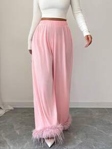 Selianne Women's Elegant Elastic Waist Patchwork Wide Leg Pants - Pink - View 3