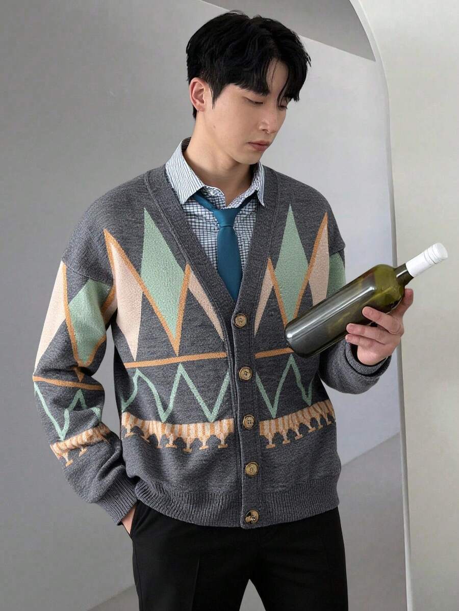 EURMUSE Men Rib Knit Button Front FW Fashion Regular Knitwear Cardigan - Multicolor - View 1
