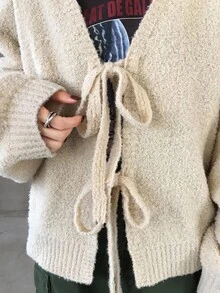 FRIFUL 女士纯色杏色系带宽松休闲开衫，适合秋季穿着 - 米色 - 查看 7