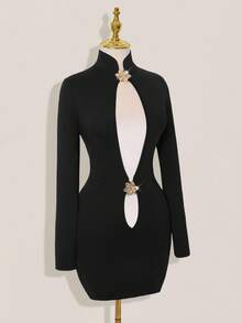 SHEIN ICON Fitted Cheongsam Collar Continuous Hollow-Out Long Sleeve Mini Dress