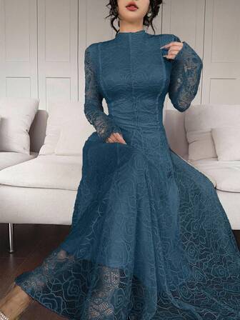 Feyla Elegantes weißes Spitzenkleid für Frauen, Langarmkleid in Blaugrün, Blaues Spitzenkleid für Frauen, Elegantes, bescheidenes Langkleid für Frauen, Blaues Kleid