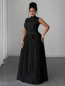 Maweii 大码女式撞色蕾丝褶边无袖优雅腰连衣裙 - 黑色 - 查看 4