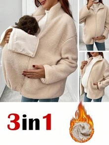 SHEIN Pregnant Women Khaki Plush Solid Color Zipper Jacket Warm Three-In-One Jacket, Autumn And Winter Jacket Pregnant Women Three-In-One Jacket Winter Maternity Coat Maternity Jacket Baby Carrier Jacket Women Fleece Jacket 3-In-1 Jacket  Women's Winter Jacket