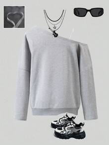 SHEIN 1 件青少年女孩休闲斜领长袖运动衫，秋季 - 灰色 - 查看 2