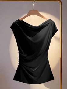 SHEIN Clasi 女式夏季优雅纯色荷叶边不对称领褶皱腰衬衫上衣 - 黑色 - 查看 3