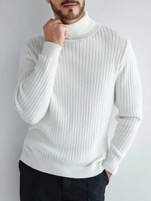 Manfinity CityGents European & American Blogger Style 3D Ribbed Solid Color Casual Slim Fit Sweater, White Turtle Neck Sweater, Fall Winter - White - View 4