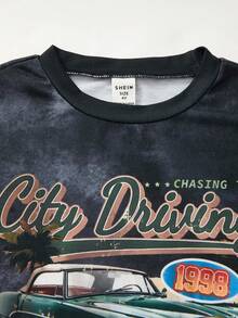 SHEIN 儿童年轻男童休闲百搭舒适赛车字母印花图案圆领套头衫宽松短袖针织T恤适合通勤上学、日常休闲度假旅行、适合运动、适合春夏季节