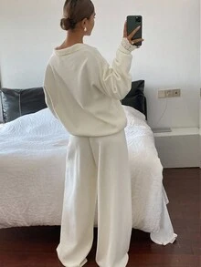 Livesso 女式秋季蕾丝拼布 V 领宽松上衣和休闲裤针织两件套 - 白色 - 查看 2