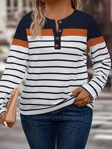 EMERY ROSE 大码女式休闲拼色条纹印花图案T恤 - 彩色 - 查看 4