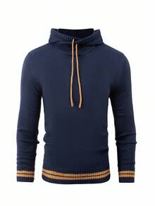 Manfinity Homme Men's Striped Long Sleeve Drawstring Casual Hooded Sweater, Autumn/Winter, Old Money - Royal Blue - View 1
