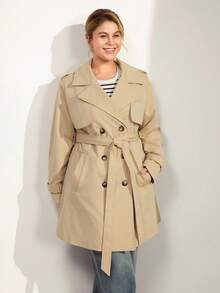 Momelise Plus Size Women's Casual Windbreaker Jacket, Spring/Autumn Solid Color Long Sleeve Lapel Double-Breasted Windbreaker, Commuting Casual Versatile Windbreaker