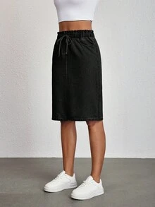 SHEIN Tall 女式抽绳腰口袋直筒休闲牛仔裙 - 黑色 - 查看 3