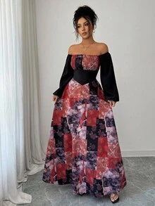 Selianne Women's Elegant Off Shoulder Long Dress,Black Floral Autumn Sophisticated Long Sleeve Dress For Birthday Party,Formal Occasions,Date,Graceful Gown - Multicolor - View 4