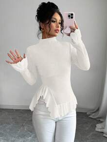 Selianne Áo thun cổ lọ tay dài màu trơn tối giản ôm sát viền bất đối xứng dành cho nữ - trắng - Xem 6